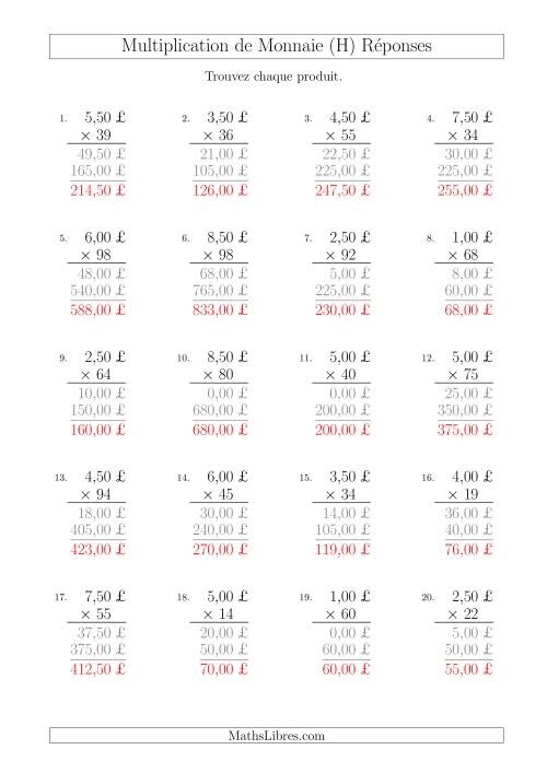 Multiplication de Montants par Bonds de 50 Cents par un Multiplicateur à Deux Chiffres (£) (H) page 2