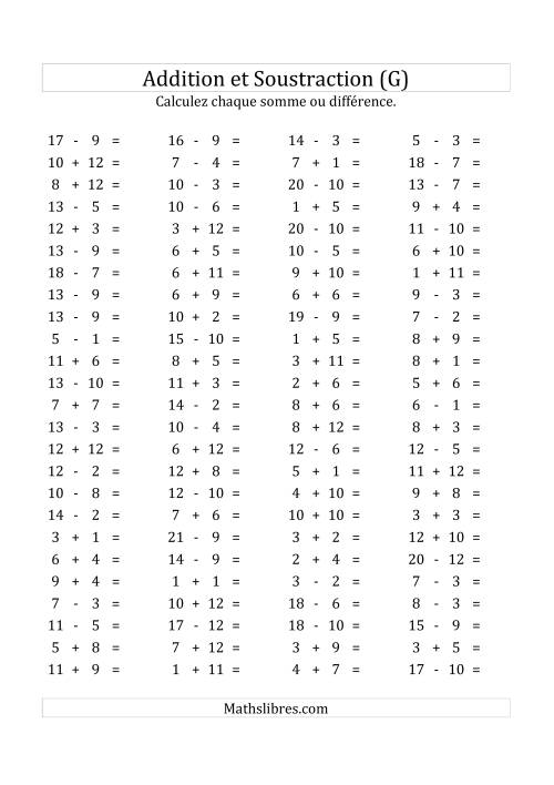100 Questions sur l'Addition/Soustraction Horizontale de 1 à 12 (G)