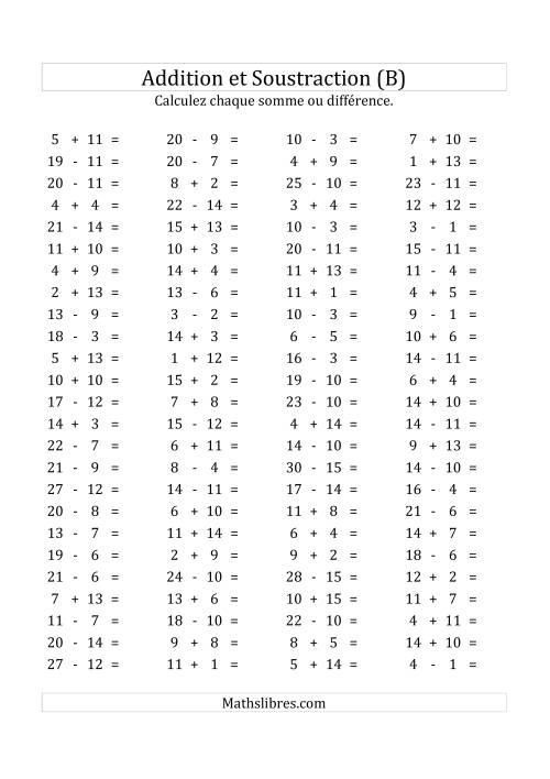 100 Questions sur l'Addition/Soustraction Horizontale de 1 à 15 (B)