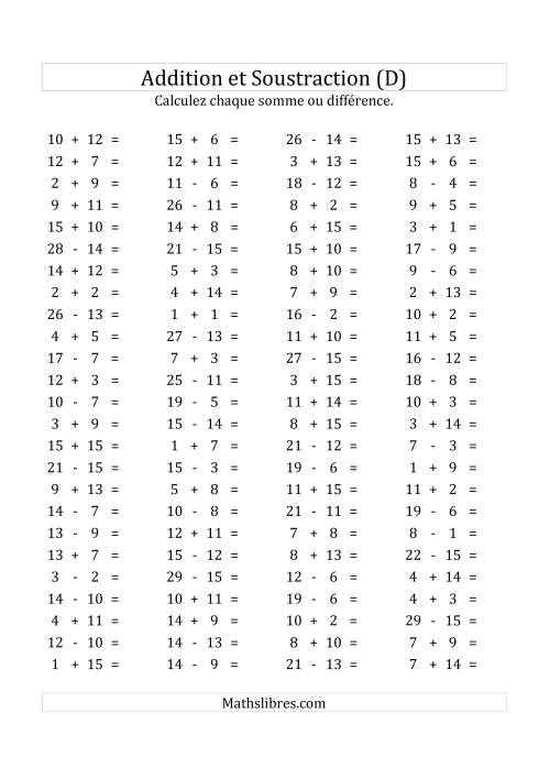 100 Questions sur l'Addition/Soustraction Horizontale de 1 à 15 (D)