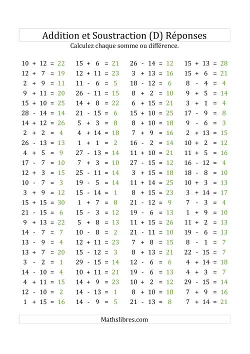 100 Questions sur l'Addition/Soustraction Horizontale de 1 à 15 (D) page 2