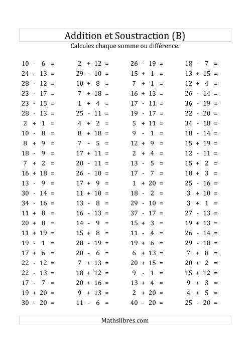 100 Questions sur l'Addition/Soustraction Horizontale de 1 à 20 (B)