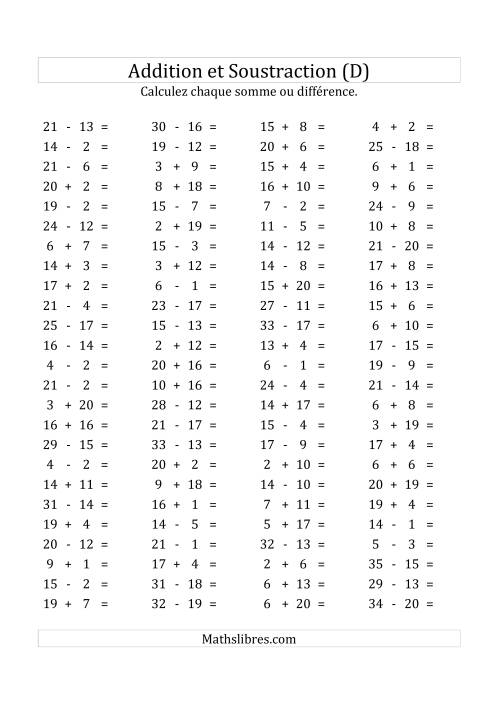 100 Questions sur l'Addition/Soustraction Horizontale de 1 à 20 (D)