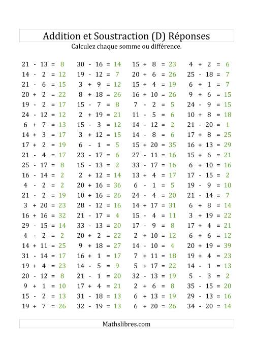 100 Questions sur l'Addition/Soustraction Horizontale de 1 à 20 (D) page 2