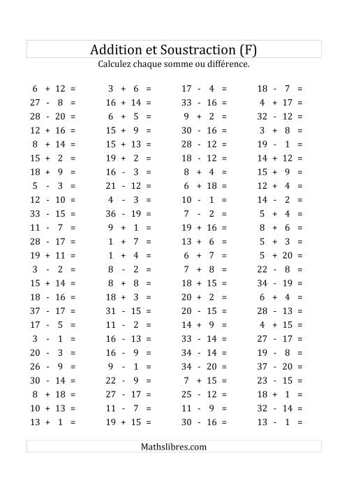 100 Questions sur l'Addition/Soustraction Horizontale de 1 à 20 (F)