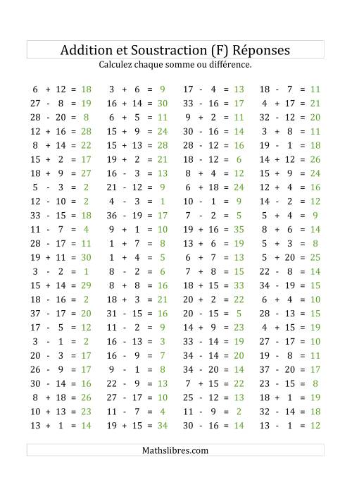 100 Questions sur l'Addition/Soustraction Horizontale de 1 à 20 (F) page 2