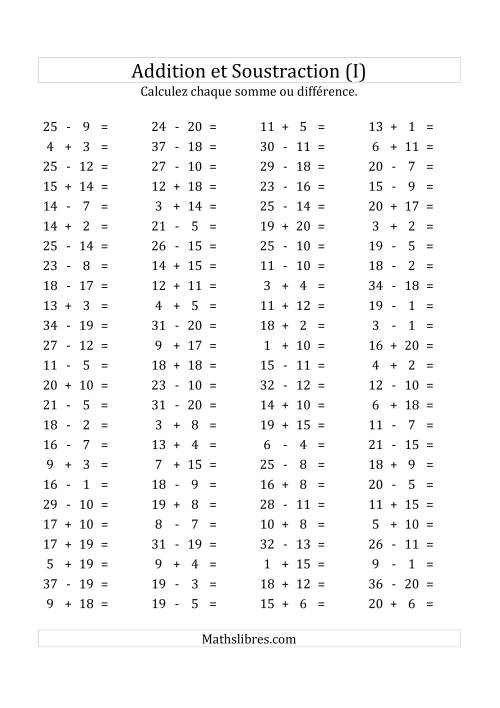 100 Questions sur l'Addition/Soustraction Horizontale de 1 à 20 (I)
