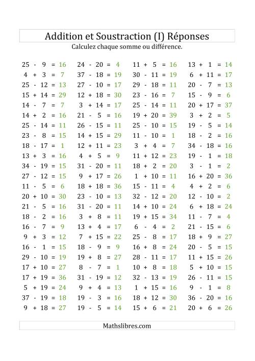 100 Questions sur l'Addition/Soustraction Horizontale de 1 à 20 (I) page 2