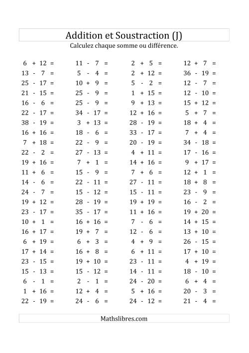 100 Questions sur l'Addition/Soustraction Horizontale de 1 à 20 (J)