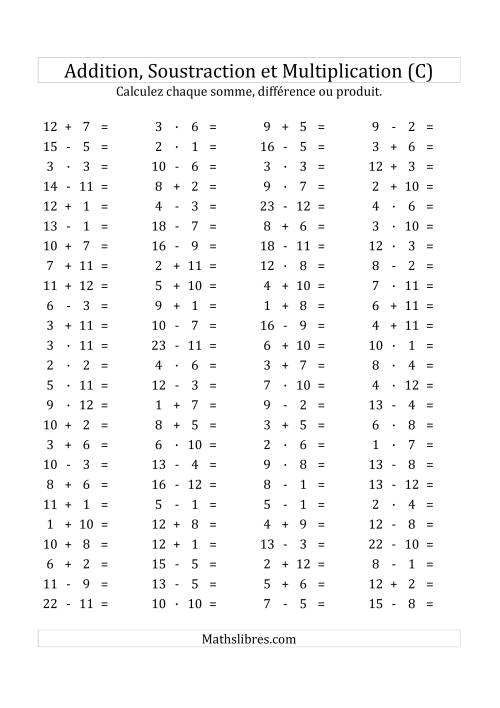 100 Questions sur l'Addition/Soustraction/Multplication Horizontale de 1 à 12 (C)