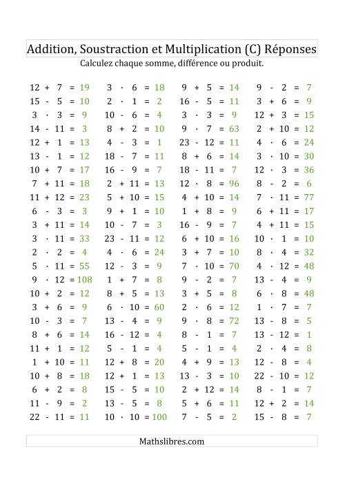 100 Questions sur l'Addition/Soustraction/Multplication Horizontale de 1 à 12 (C) page 2