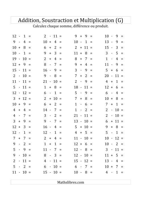 100 Questions sur l'Addition/Soustraction/Multplication Horizontale de 1 à 12 (G)