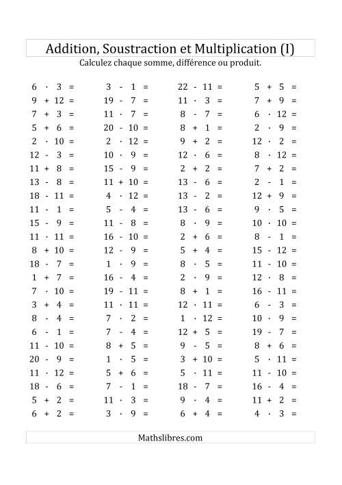 100 Questions sur l'Addition/Soustraction/Multplication Horizontale de 1 à 12 (I)