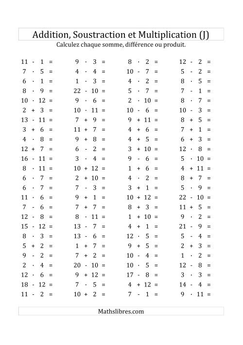 100 Questions sur l'Addition/Soustraction/Multplication Horizontale de 1 à 12 (J)