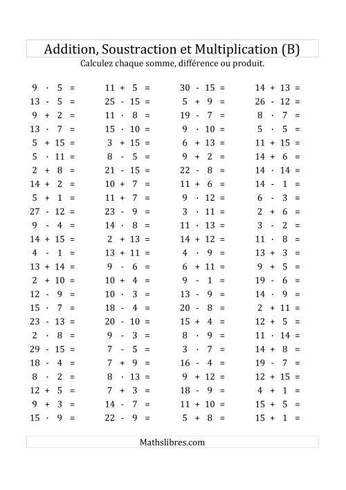 100 Questions sur l'Addition/Soustraction/Multplication Horizontale de 1 à 15 (B)
