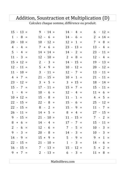 100 Questions sur l'Addition/Soustraction/Multplication Horizontale de 1 à 15 (D)