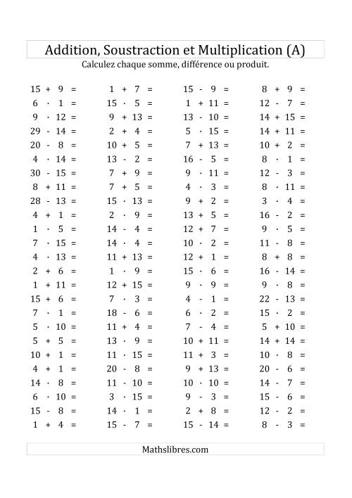 100 Questions sur l'Addition/Soustraction/Multplication Horizontale de 1 à 15 (Tout)