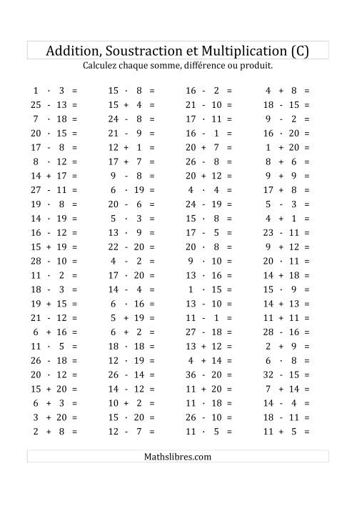 100 Questions sur l'Addition/Soustraction/Multplication Horizontale de 1 à 20 (C)