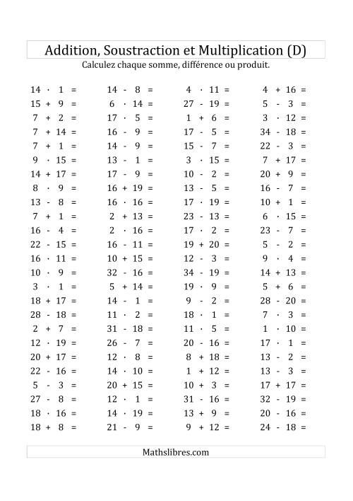 100 Questions sur l'Addition/Soustraction/Multplication Horizontale de 1 à 20 (D)