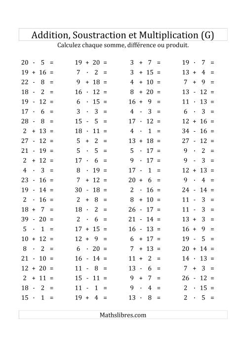 100 Questions sur l'Addition/Soustraction/Multplication Horizontale de 1 à 20 (G)