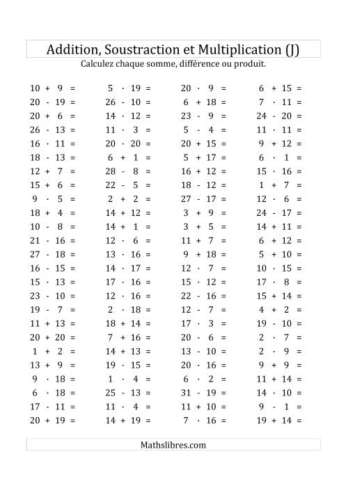 100 Questions sur l'Addition/Soustraction/Multplication Horizontale de 1 à 20 (J)
