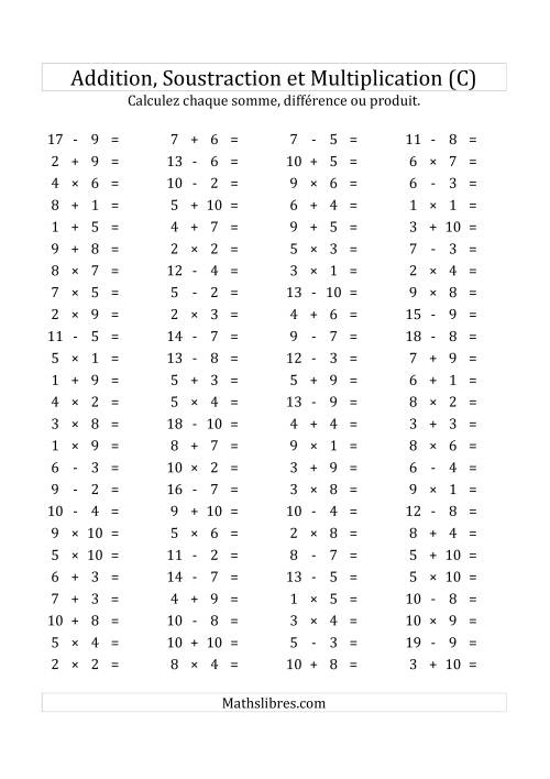 100 Questions sur l'Addition, Soustraction & Multiplication Horizontale de 1 à 10 (USA & Canada) (C)