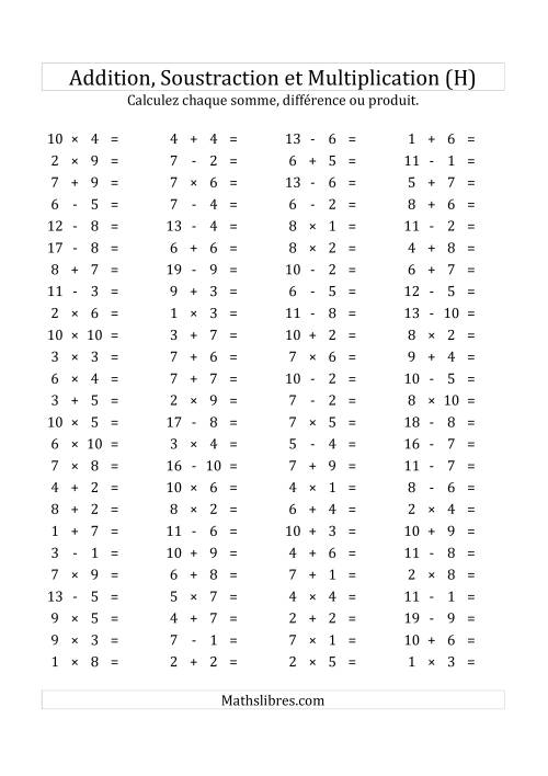 100 Questions sur l'Addition, Soustraction & Multiplication Horizontale de 1 à 10 (USA & Canada) (H)