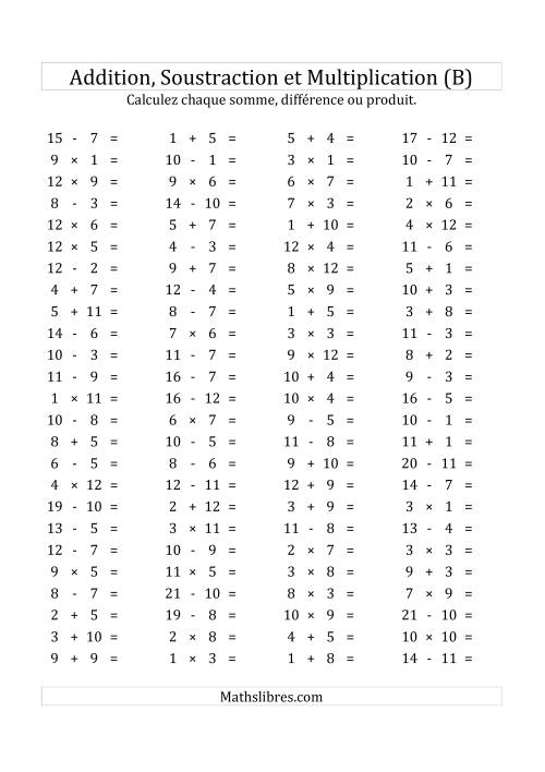 100 Questions sur l'Addition, Soustraction & Multiplication Horizontale de 1 à 12 (USA & Canada) (B)