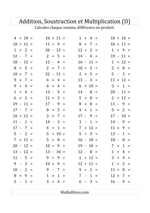 100 Questions sur l'Addition, Soustraction & Multiplication Horizontale de 1 à 12 (USA & Canada) (D)