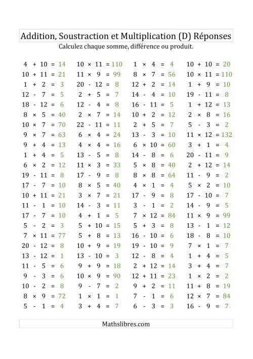 100 Questions sur l'Addition, Soustraction & Multiplication Horizontale de 1 à 12 (USA & Canada) (D) page 2