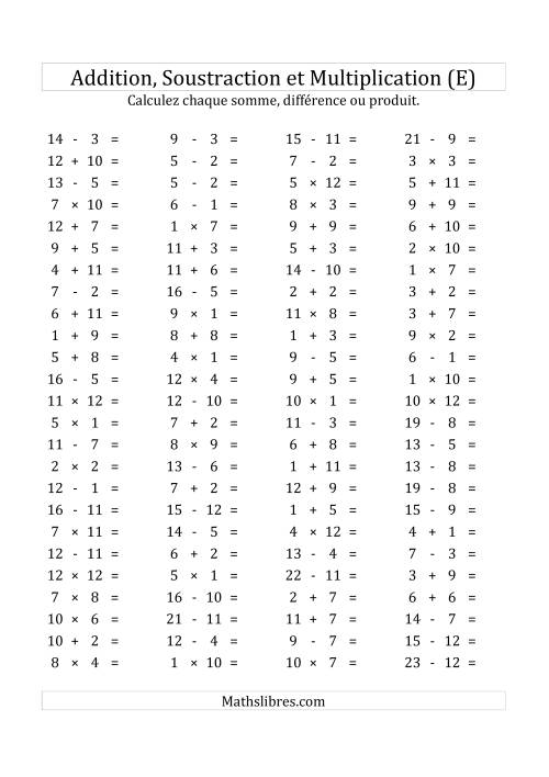 100 Questions sur l'Addition, Soustraction & Multiplication Horizontale de 1 à 12 (USA & Canada) (E)