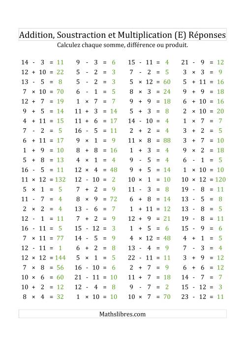 100 Questions sur l'Addition, Soustraction & Multiplication Horizontale de 1 à 12 (USA & Canada) (E) page 2