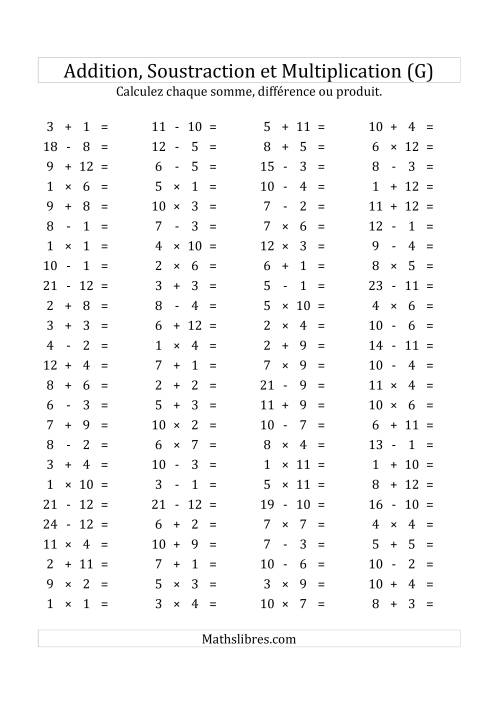 100 Questions sur l'Addition, Soustraction & Multiplication Horizontale de 1 à 12 (USA & Canada) (G)