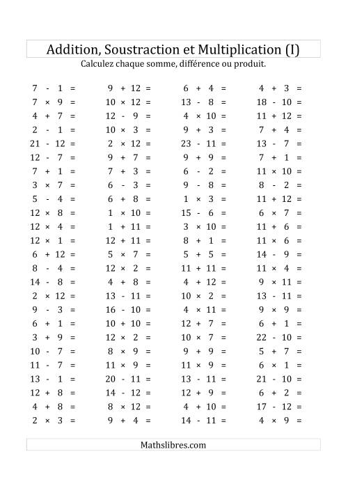 100 Questions sur l'Addition, Soustraction & Multiplication Horizontale de 1 à 12 (USA & Canada) (I)