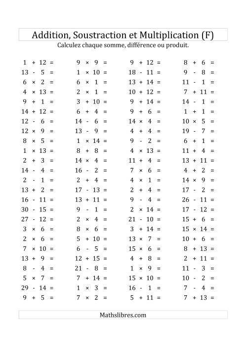 100 Questions sur l'Addition, Soustraction & Multiplication Horizontale de 1 à 15 (USA & Canada) (F)