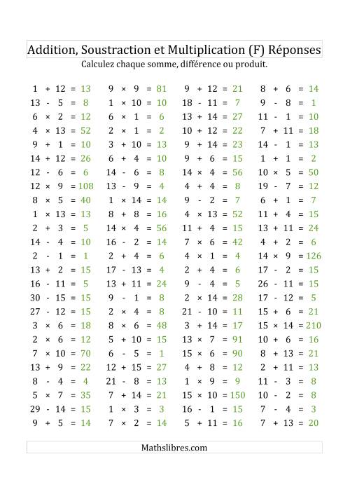 100 Questions sur l'Addition, Soustraction & Multiplication Horizontale de 1 à 15 (USA & Canada) (F) page 2