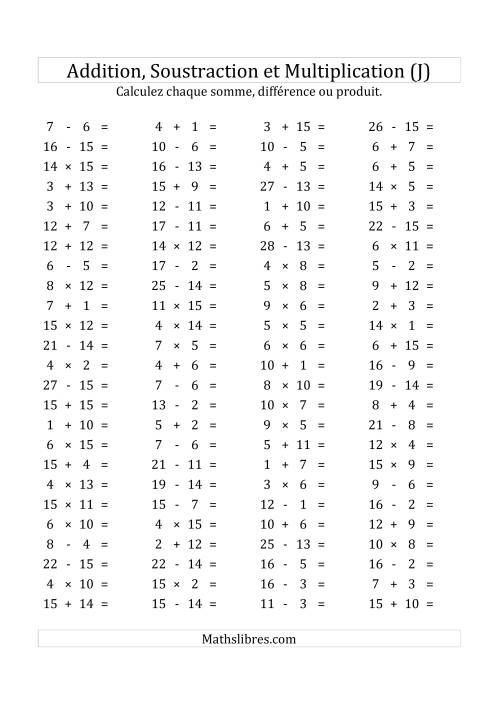 100 Questions sur l'Addition, Soustraction & Multiplication Horizontale de 1 à 15 (USA & Canada) (J)