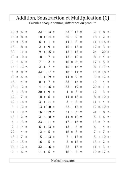 100 Questions sur l'Addition, Soustraction & Multiplication Horizontale de 1 à 20 (USA & Canada) (C)