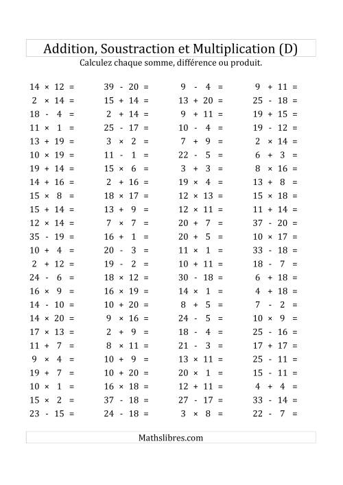 100 Questions sur l'Addition, Soustraction & Multiplication Horizontale de 1 à 20 (USA & Canada) (D)