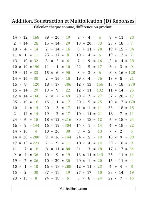 100 Questions sur l'Addition, Soustraction & Multiplication Horizontale de 1 à 20 (USA & Canada) (D) page 2