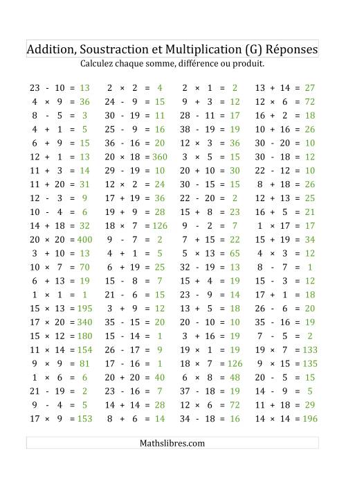 100 Questions sur l'Addition, Soustraction & Multiplication Horizontale de 1 à 20 (USA & Canada) (G) page 2