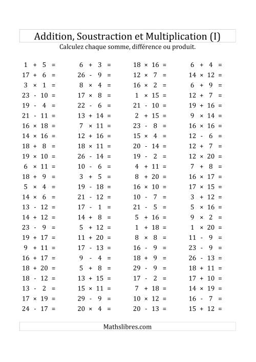 100 Questions sur l'Addition, Soustraction & Multiplication Horizontale de 1 à 20 (USA & Canada) (I)