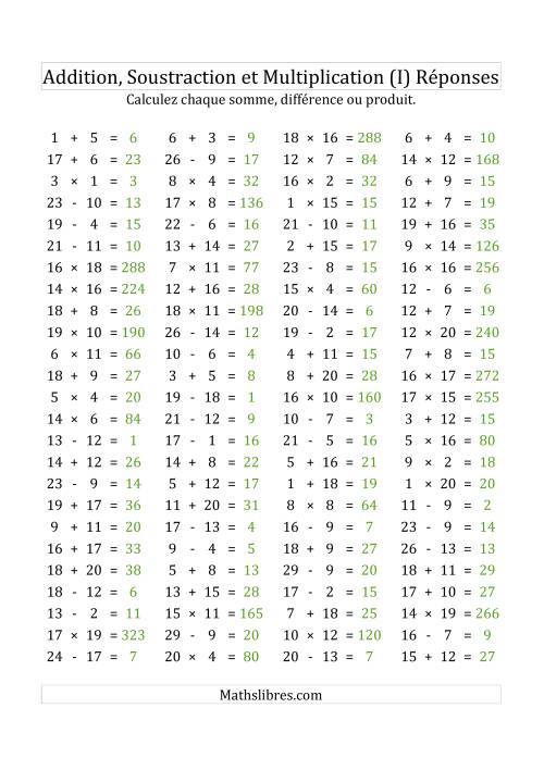 100 Questions sur l'Addition, Soustraction & Multiplication Horizontale de 1 à 20 (USA & Canada) (I) page 2