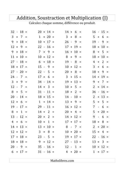 100 Questions sur l'Addition, Soustraction & Multiplication Horizontale de 1 à 20 (USA & Canada) (J)