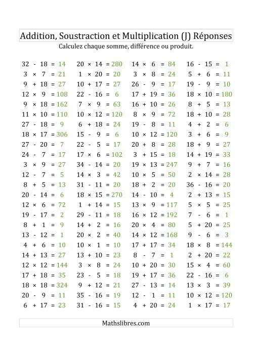 100 Questions sur l'Addition, Soustraction & Multiplication Horizontale de 1 à 20 (USA & Canada) (J) page 2