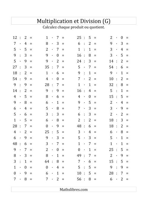 100 Questions sur la Multiplication/Division Horizontale de 0 à 9 (G)