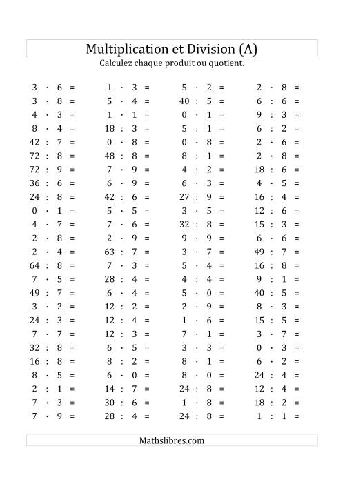 100 Questions sur la Multiplication/Division Horizontale de 0 à 9 (Tout)