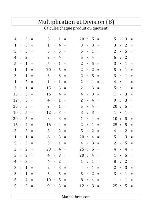 100 Questions sur la Multiplication/Division Horizontale de 1 à 5 (B)