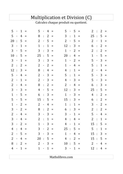 100 Questions sur la Multiplication/Division Horizontale de 1 à 5 (C)