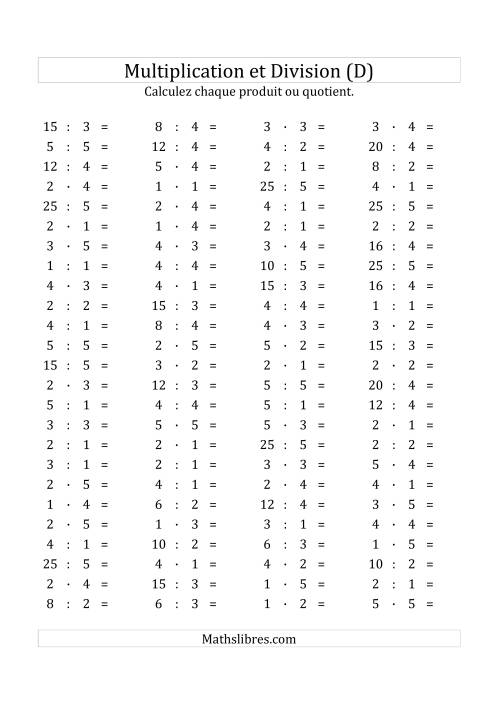 100 Questions sur la Multiplication/Division Horizontale de 1 à 5 (D)